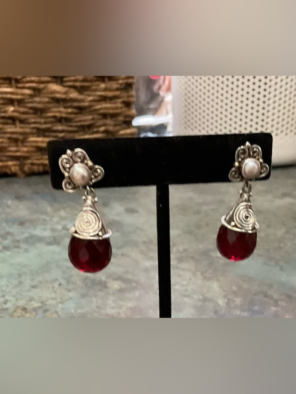 Vintage Sajen Sterling Drop Earrings with Garnet Faceted Gemstones and Pearls